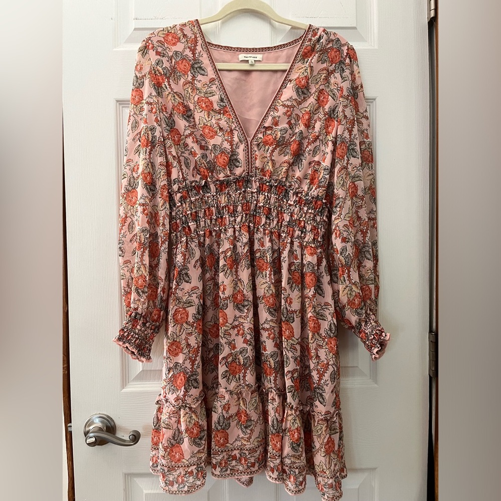 Max Studio Longsleeve Pink Floral V-Neck Smocked Waist Dress